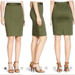 WHBM Sateen Olive Green Lace Up Office Business Casual Pencil Skirt, 6
